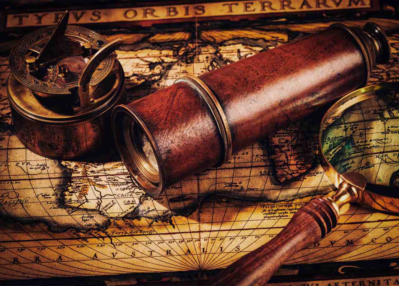 vintage telescope with vintage compass and map