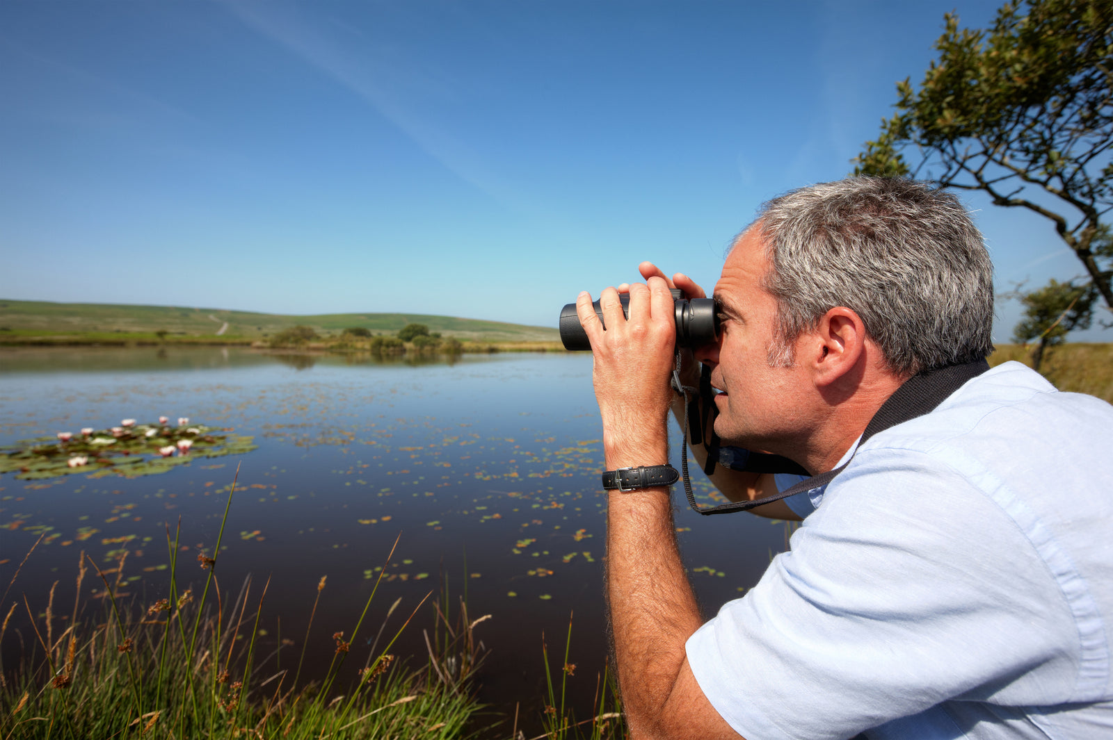 Man in his forties bird-watching with 8×42 binoculars beside a reed-fringed UK pond