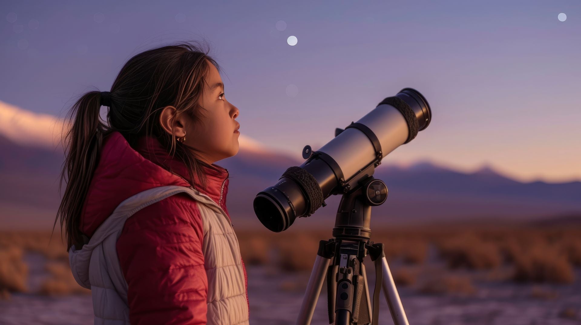 Young girl with a telescope, is stargazing