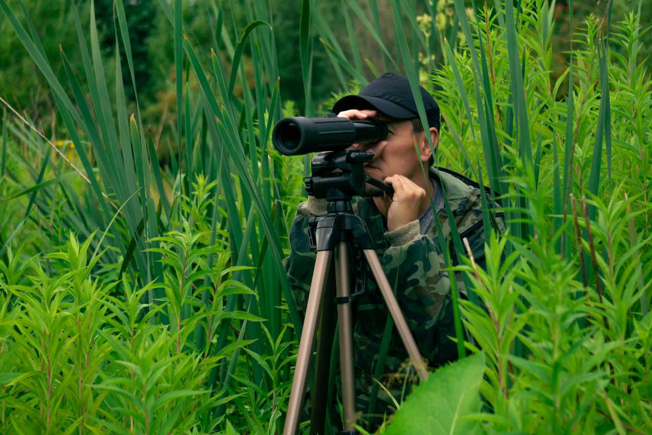 man looking through a spotting scope