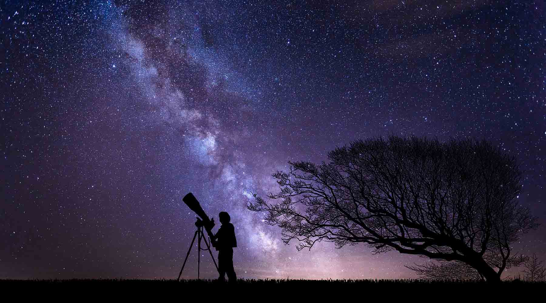 Silhouette of a person using a telescope under a starry night sky with the Milky Way visible, beside a leafless tree in a dark field