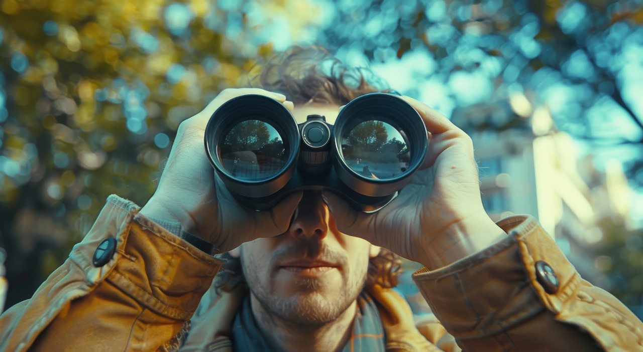 man looking through a binocular