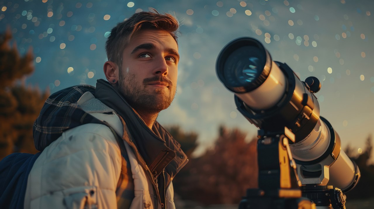 man sitting beside a telescope