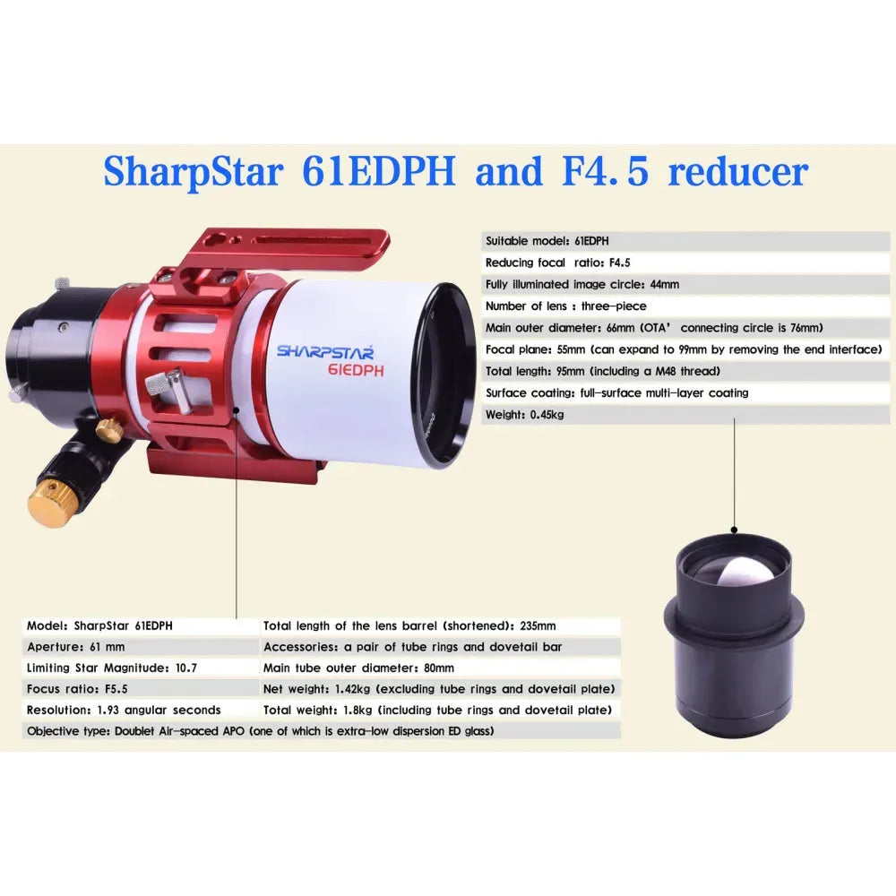 SharpStar 61EDPH Mk III ED Triplet Apochromatic Refractor Telescope with f/4.5 0.8x Reducer/Flattener