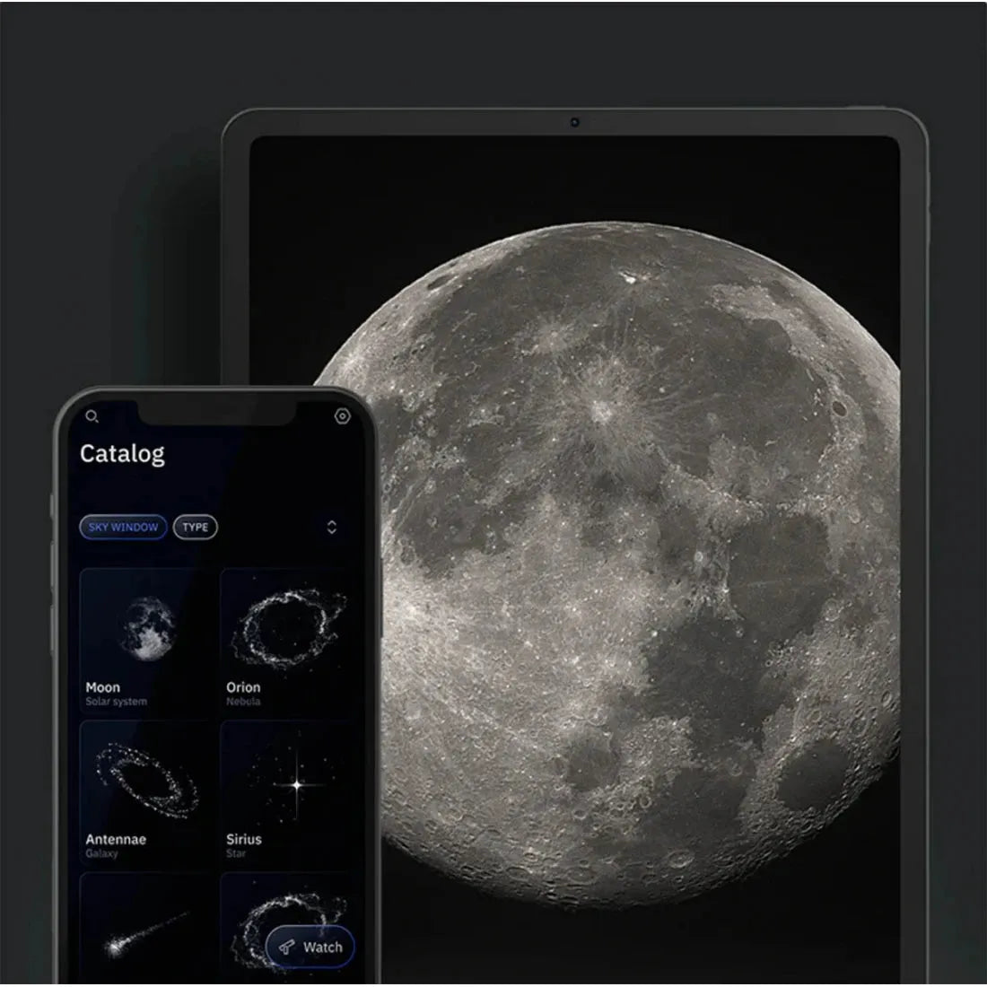 Unistellar Odyssey PRO smart telescope app menu displayed, featuring an image of the moon and app with access to its 5000+ object catalogue