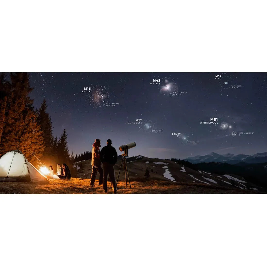 Image depicting a couple camping under the stars while observing the night sky through the Unistellar eQuinox 2 Smart Telescope. The App provides detailed astronomical information, enhancing the stargazing experience