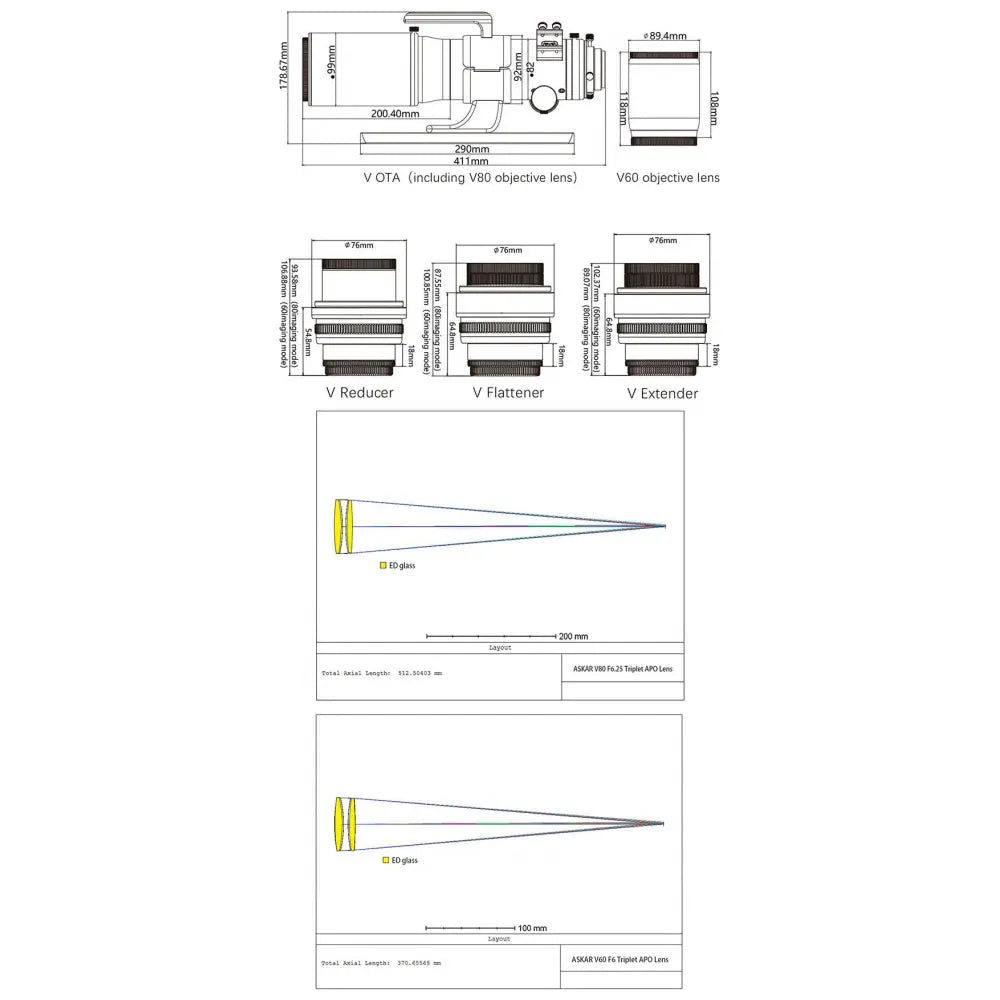 ASKAR V Modular APO Telescope with 2 Interchangeable Lenses with 60mm and 80mm Apertures and 6 Possible Focal Lengths