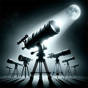 AI generated image of an array of high-quality telescopes aimed at a luminous full moon, featuring a prominently displayed refractor telescope, from our extensive collection of astronomical optics