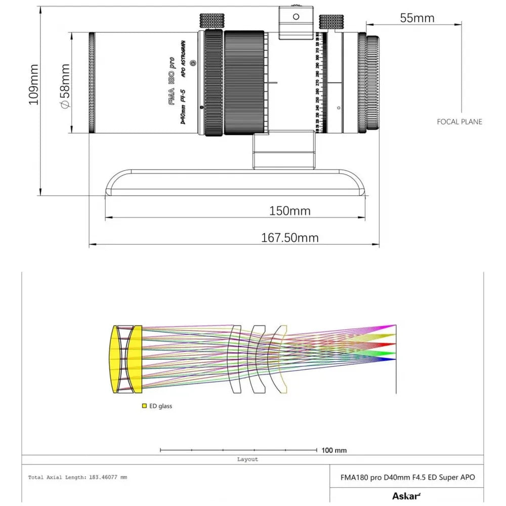 ASKAR FMA F180 PRO f/4.5 Astrograph Camera Lens - Triplet APO Refractor Telescope with f/4.5 reducer/flattener