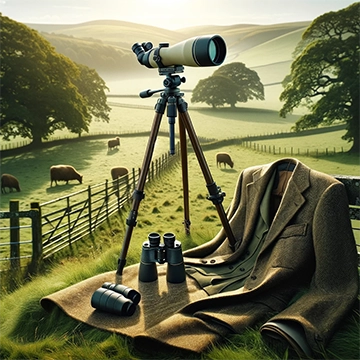 AI generated image of a tranquil British countryside with a premium spotting scope, monocular, and range finder on a blanket, showcasing our high-quality field observation gear for nature enthusiasts