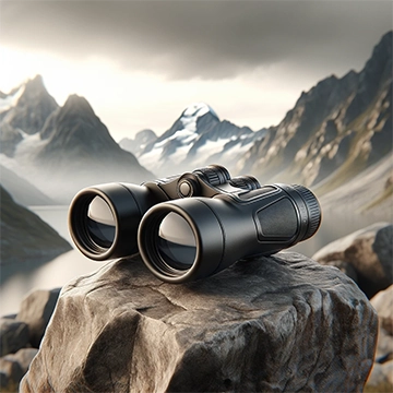 AI Generated image_High-definition binoculars resting on a rugged mountain rock, perfect for adventurers and nature enthusiasts, featured in our premium sporting optics collection