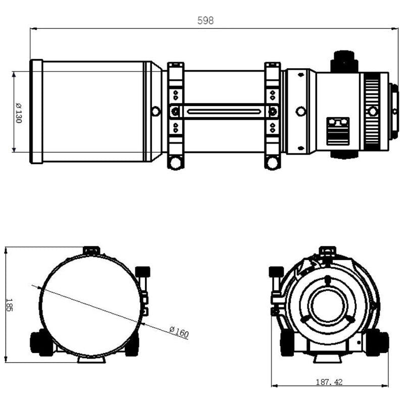 Dimensional drawing of the Omegon Apochromatic Refractor Pro APO AP 121/678 Quintuplet OTA, providing detailed specifications and measurements for precise equipment integration and setup