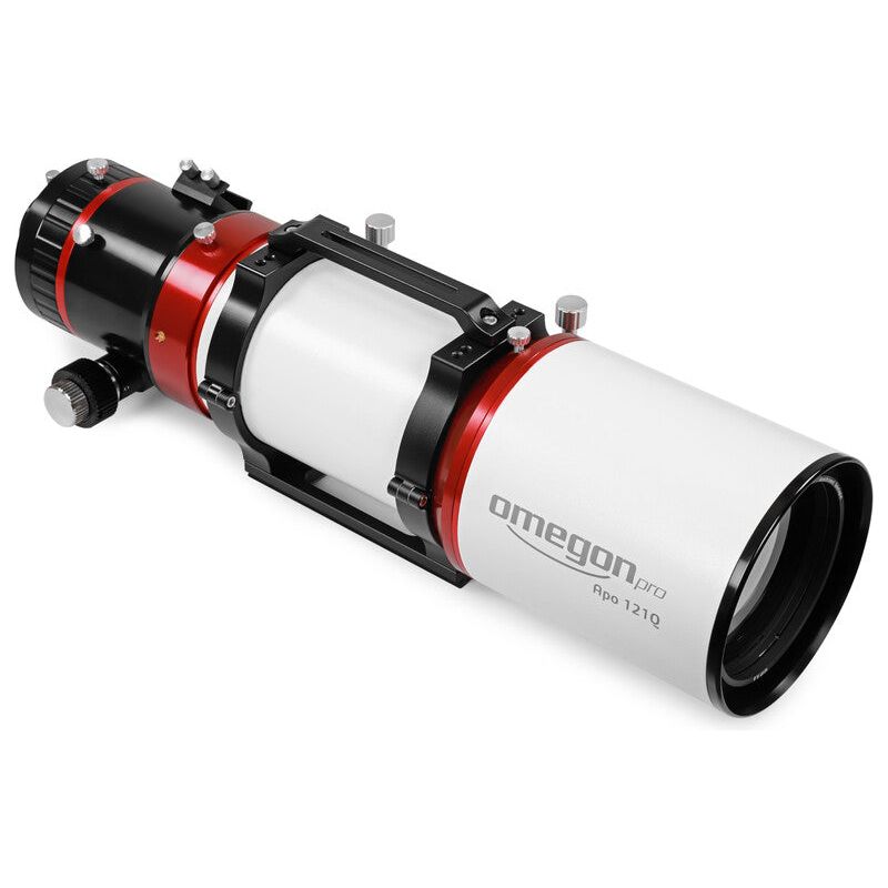 Frontal perspective of the Omegon Apochromatic Refractor Pro APO AP 121/678 Quintuplet OTA, showcasing its sleek design and advanced optics tailored for top-tier astrophotography performance.