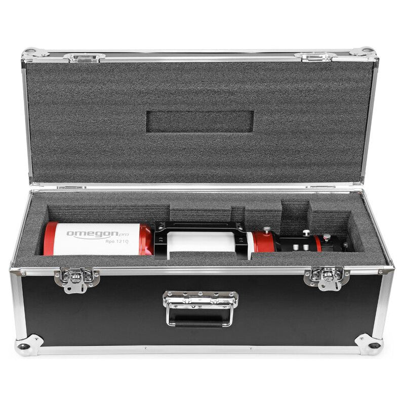 Upon opening the case of the Omegon Apochromatic Refractor Pro APO AP 121/678 Quintuplet OTA, you'll find secure compartments meticulously designed to safeguard every component of the telescope. This thoughtful arrangement not only ensures the telescope's protection but also enhances its portability, allowing for effortless transport to your favorite stargazing locations