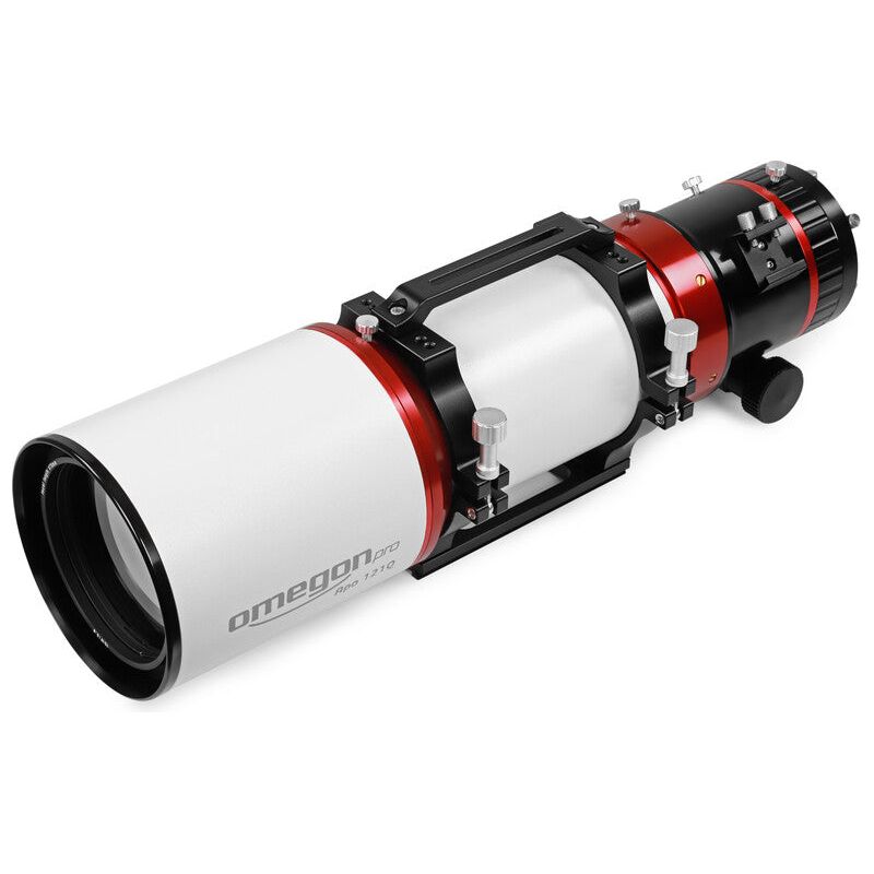 Side view of the Omegon Apochromatic Refractor Pro APO AP 121/678 Quintuplet OTA, providing a comprehensive perspective of its sleek design and advanced optics, optimized for high-quality astrophotography