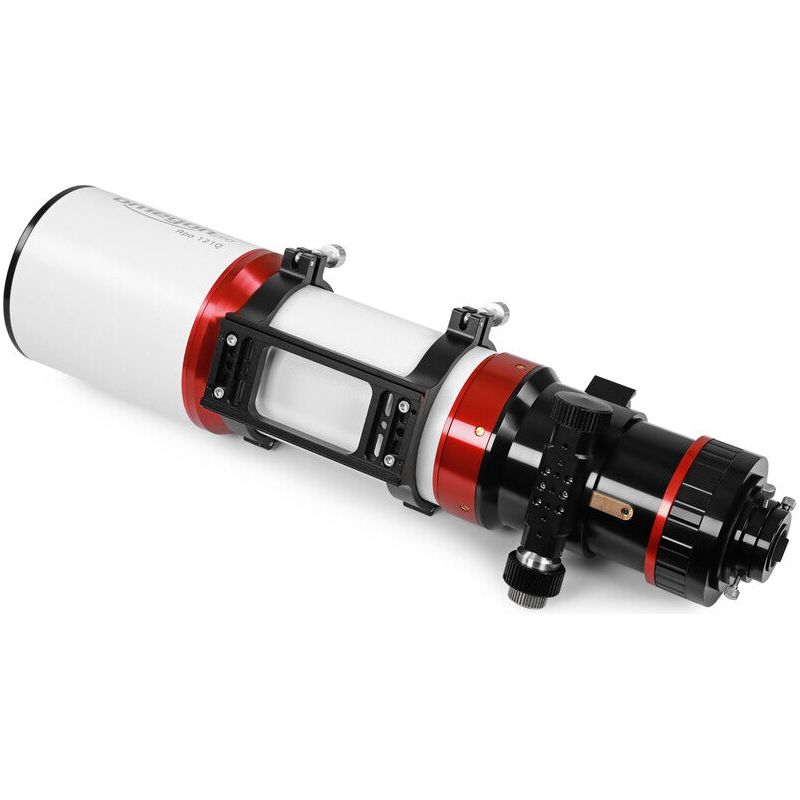 Underside view of the Omegon Apochromatic Refractor Pro APO AP 121/678 Quintuplet OTA, showcasing its sturdy construction and intricate design, ensuring stability and precision during astronomical observations