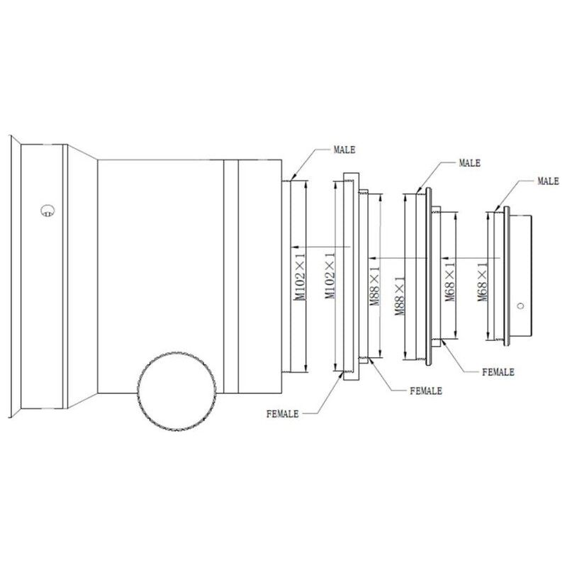 Discover the Omegon Apochromatic Refractor Pro APO AP 140/910 Triplet OTA's drawing of filter sizes, essential for selecting and integrating filters to enhance your astrophotography experience