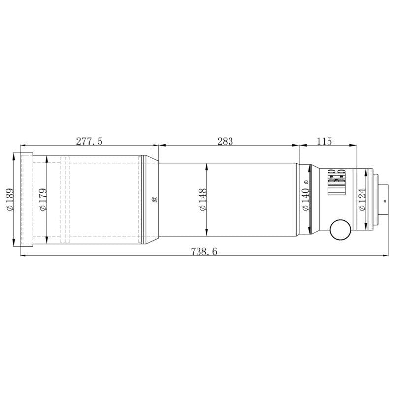 Dimensions of the Omegon Apochromatic Refractor Pro APO AP 140/910 Triplet OTA, providing valuable specifications for setup and integration into your astrophotography system