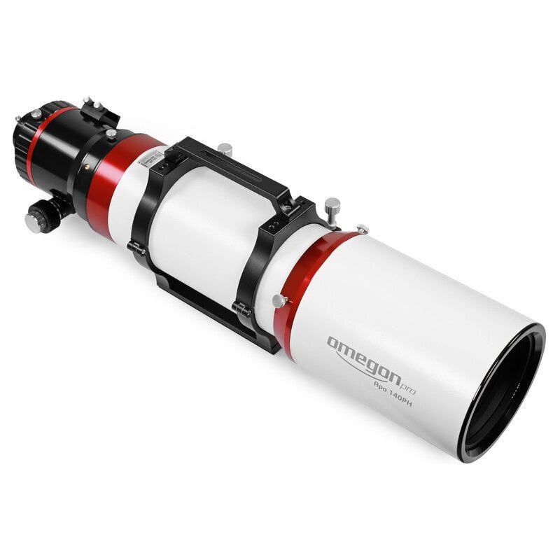 Top-front view of the Omegon Apochromatic Refractor Pro APO AP 140/910 Triplet OTA, showcasing its advanced optics and precision engineering. Experience unparalleled performance in astrophotography with this top-tier telescope