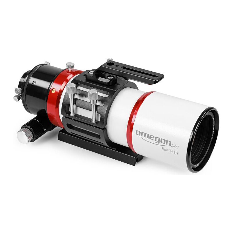 Discover the intricate design of the Omegon Apochromatic Refractor Pro APO AP 76/342 Triplet ED OTA from the front perspective, showcasing its precision optics and innovative engineering, tailored for exceptional performance in astrophotography and celestial observation