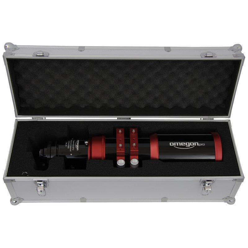 Inside the case of the Omegon Apochromatic Refractor Pro APO AP 104/650 ED OTA with attached field flattener, providing secure storage and protection for the telescope and accessories