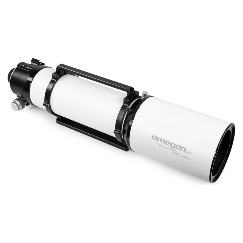Capturing a different perspective with this view of the Omegon Apochromatic Refractor Pro APO AP 140/910 Triplet ED FCD 100. This angle highlights the telescope&#39;s sleek design and premium craftsmanship, ensuring optimal performance for your astrophotography adventures.