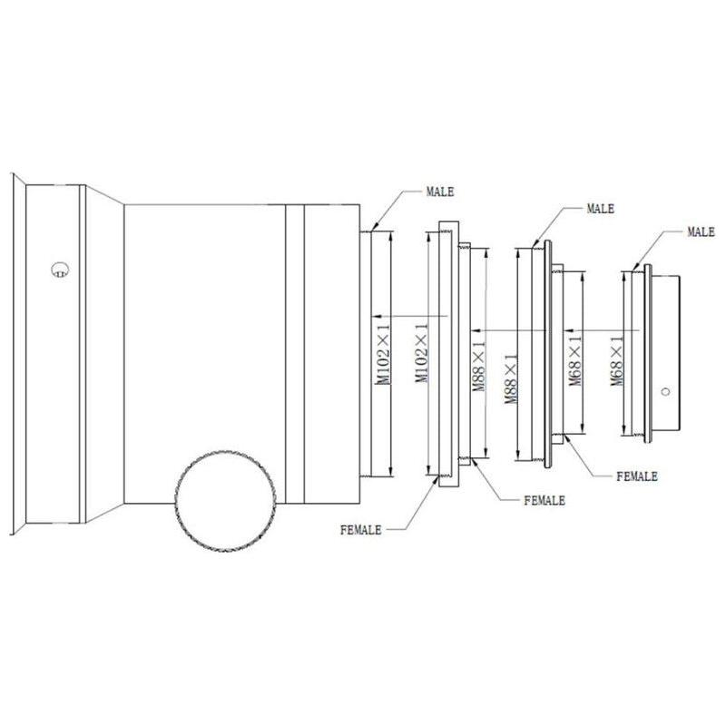 Discover the Omegon Apochromatic Refractor Pro APO AP 140/910 Triplet OTA's drawing of filter sizes, essential for selecting and integrating filters to enhance your astrophotography experience