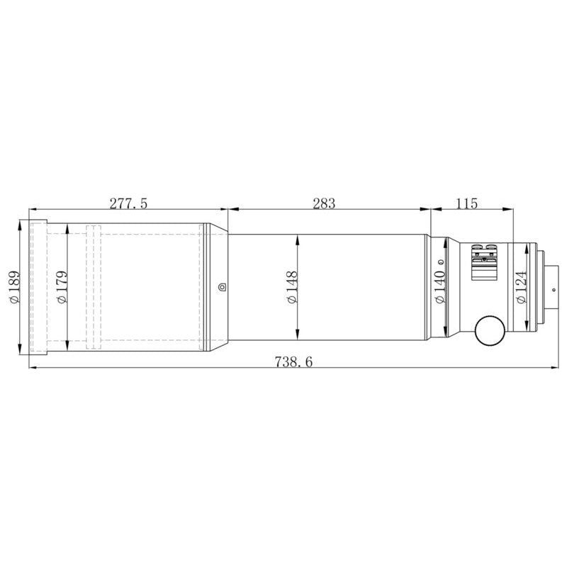 Dimensions of the Omegon Apochromatic Refractor Pro APO AP 140/910 Triplet OTA, providing valuable specifications for setup and integration into your astrophotography system