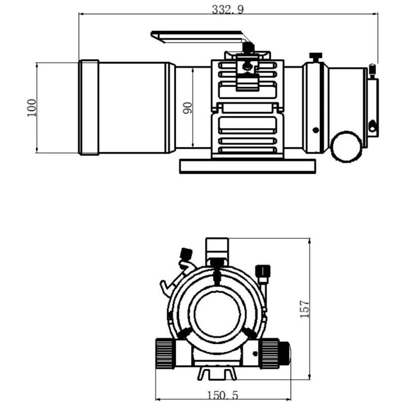 A schematic highlighting the key dimensions of the Omegon Apochromatic Refractor Pro APO AP 76/418 Triplet ED OTA, providing essential measurements for setup and integration. This detailed diagram offers valuable insights into the telescope's construction, aiding enthusiasts and professionals in optimizing their astrophotography and celestial observation experiences
