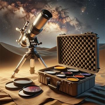 AI generated image of premium astronomical telescope with an equatorial mount, displayed alongside a versatile collection of unbranded colour filters for enhanced stargazing, part of our quality optics accessory range