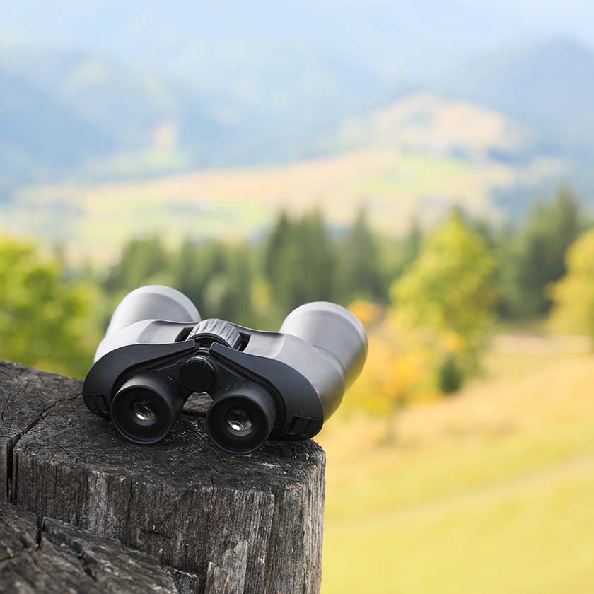 A pair of silver binoculars perched on a weathered wooden post with a soft-focus mountain landscape in the background, evoking the spirit of outdoor adventure and scenic exploration