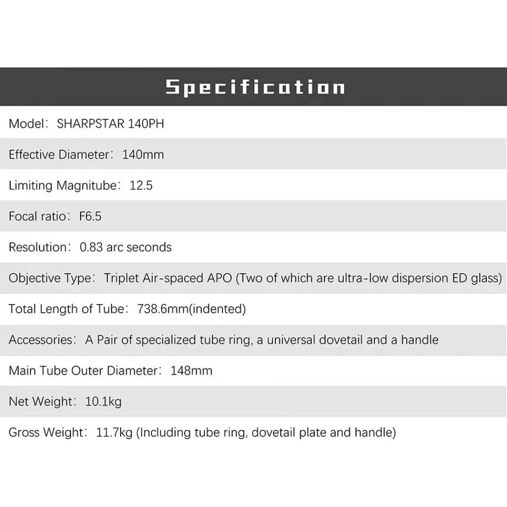 SharpStar 140PH 140mm f/6.5 Dual ED Triplet APO Apochromatic Refractor Telescope