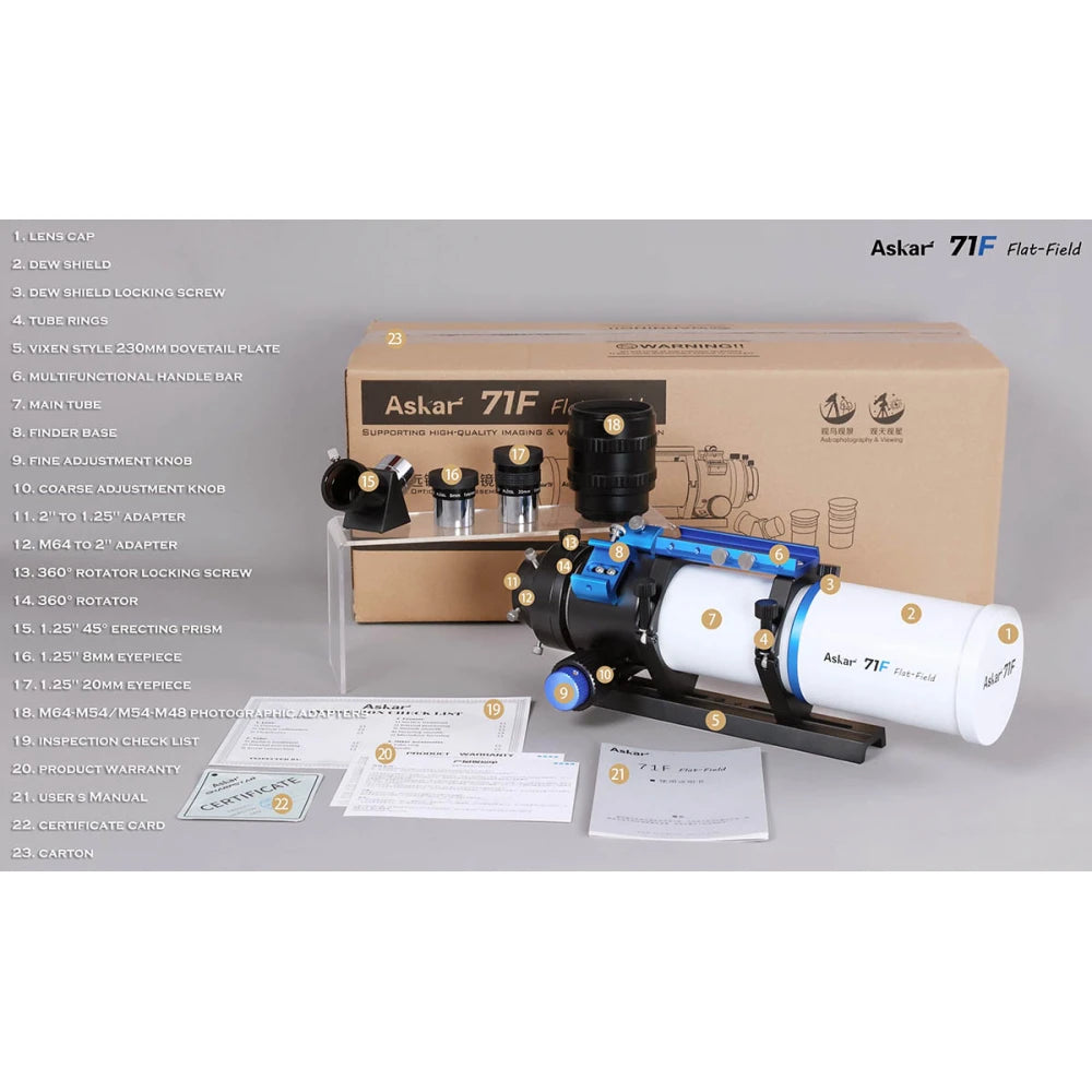 ASKAR 71F Quadruplet Flatfield Apochromatic Refractor Telescope - Vega Vision