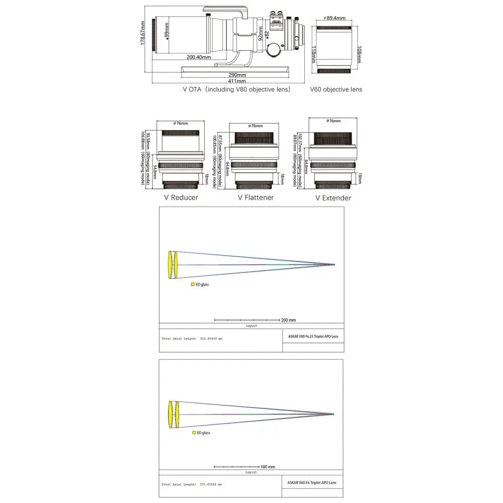ASKAR V Modular APO Telescope with 2 Interchangeable Lenses with 60mm and 80mm Apertures and 6 Possible Focal Lengths - Vega Vision