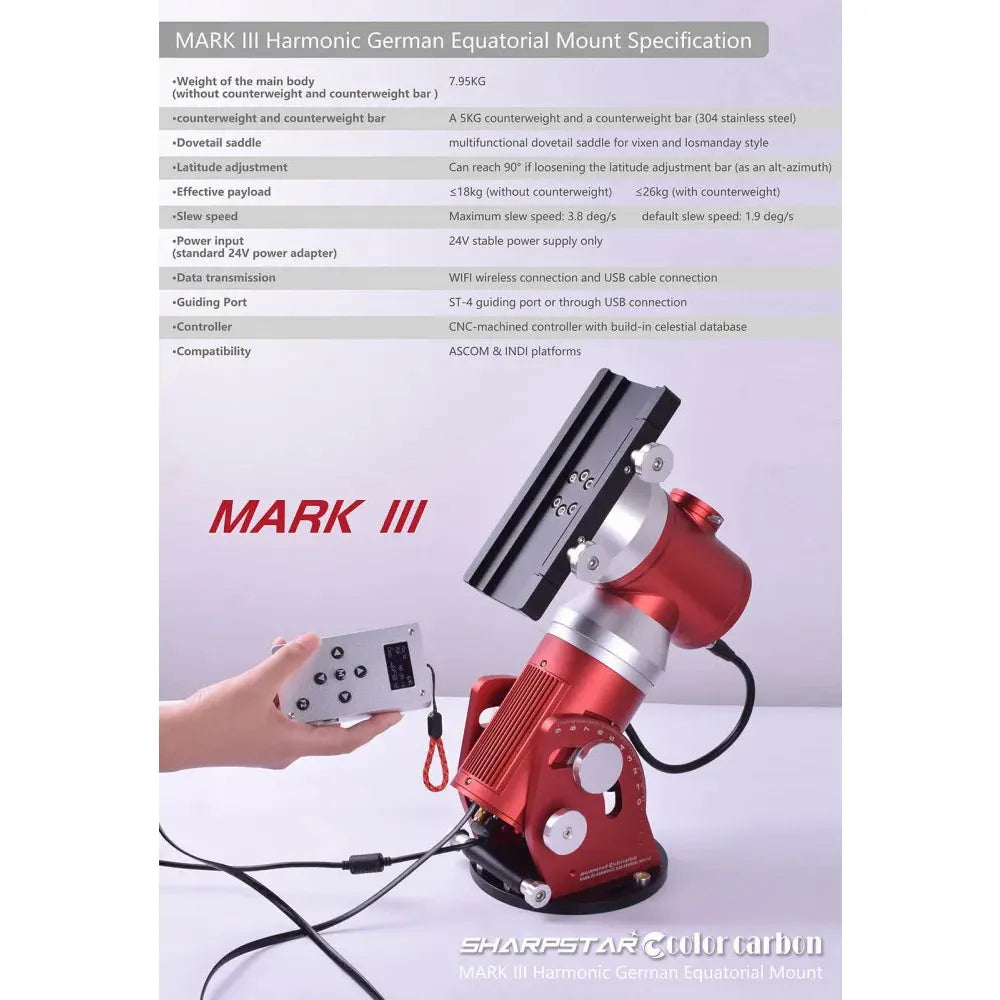 Sharpstar Color Carbon Mark III Harmonic Drive German Equatorial Mount - up to 18kg - 26kg Payload - Vega Vision