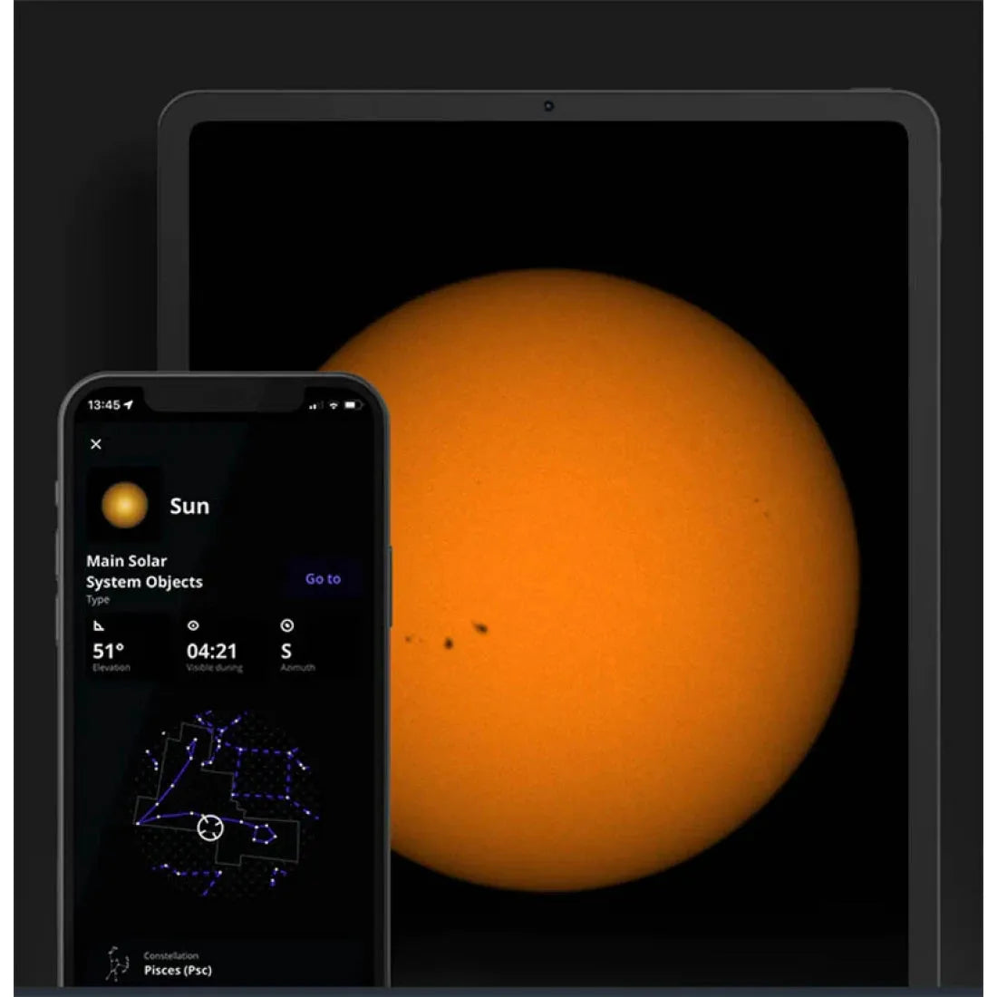 Enhanced solar viewing experience with the Unistellar smart solar filter, ideal for amateur astronomers and solar enthusiasts shown here with the smart app