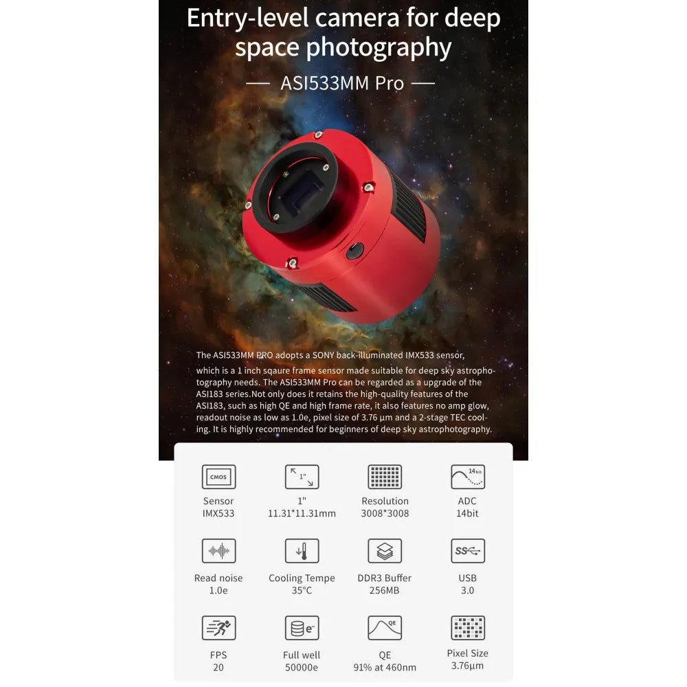 ZWO ASI533MM PRO COOLED Monochrome 1" CMOS USB3.0 Deep Sky Imager Camera
