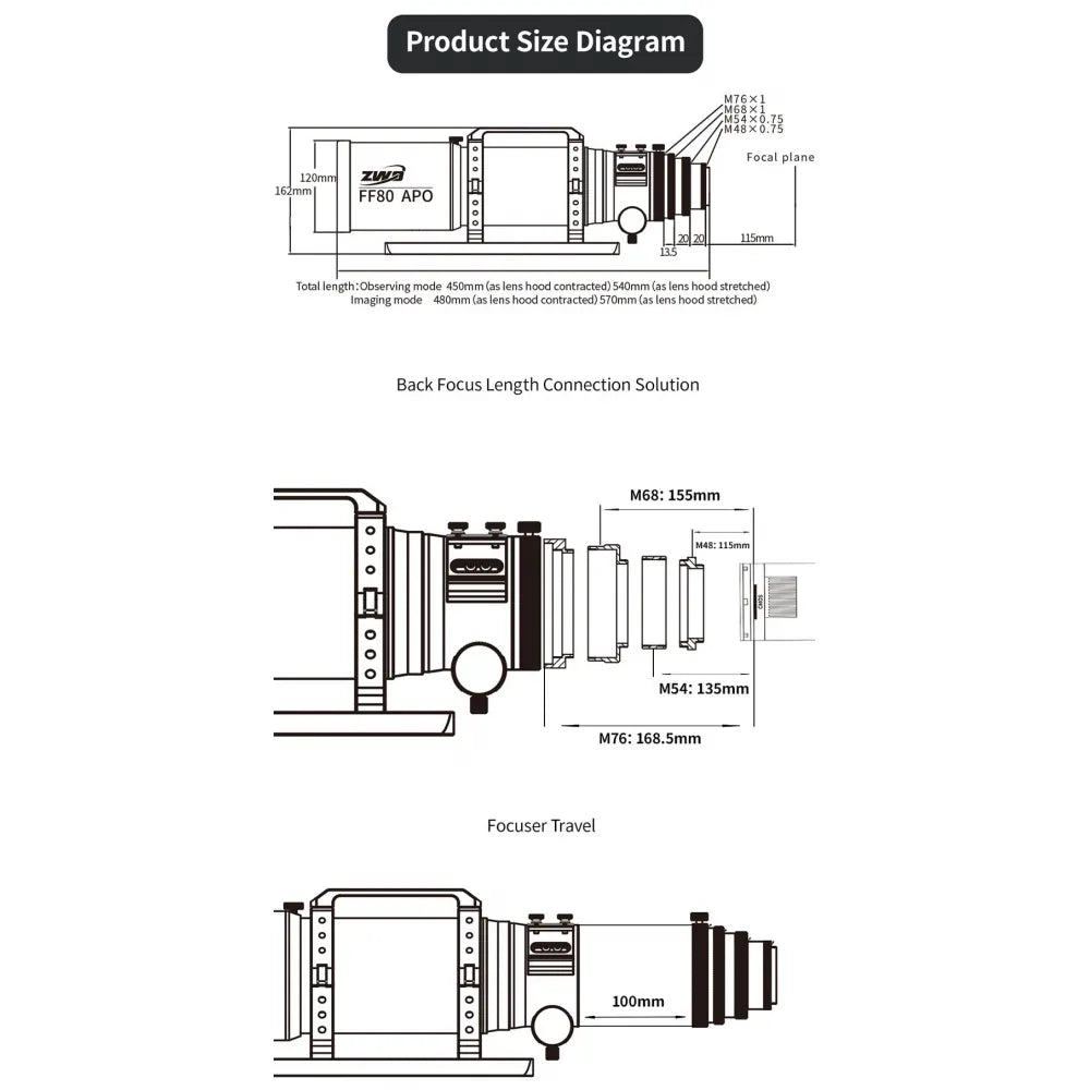 ZWO FF80 80mm f/7.5 APO Quadruplet Refractor Telescope - Vega Vision